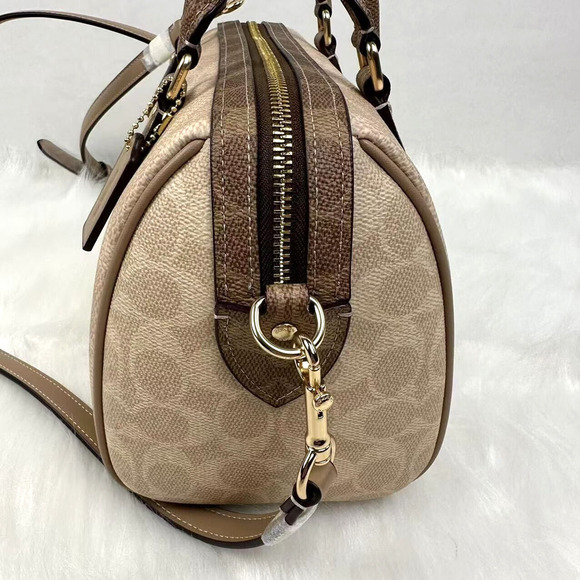 Coach Rowan Satchel Bag Crossbody In Blocked Signature Canvas Gold/Sand/Tan NWT - Picture 3 of 12